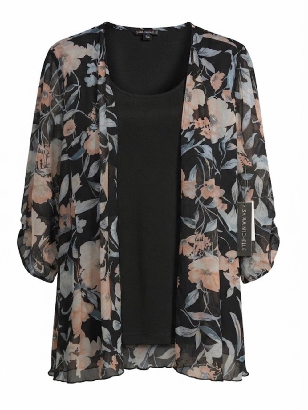 Sarah Michelle Black Floral Layered Look Top with Peach and Light Blue Blooms